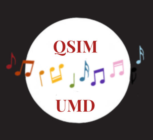 "QSIM UMD" is written in red font, with rainbow colored music notes between the words